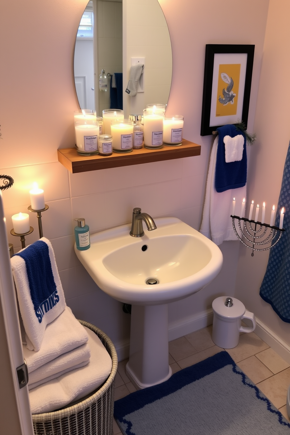 A beautifully designed bathroom featuring embroidered Hanukkah hand towels displayed elegantly. The towels are rich in blue and silver tones, adding a festive touch to the space while complementing the overall decor. The sink area is adorned with a stylish ceramic tray holding the hand towels, surrounded by subtle holiday-themed decorations. Soft white lighting enhances the warmth of the room, creating a cozy atmosphere for the celebration.