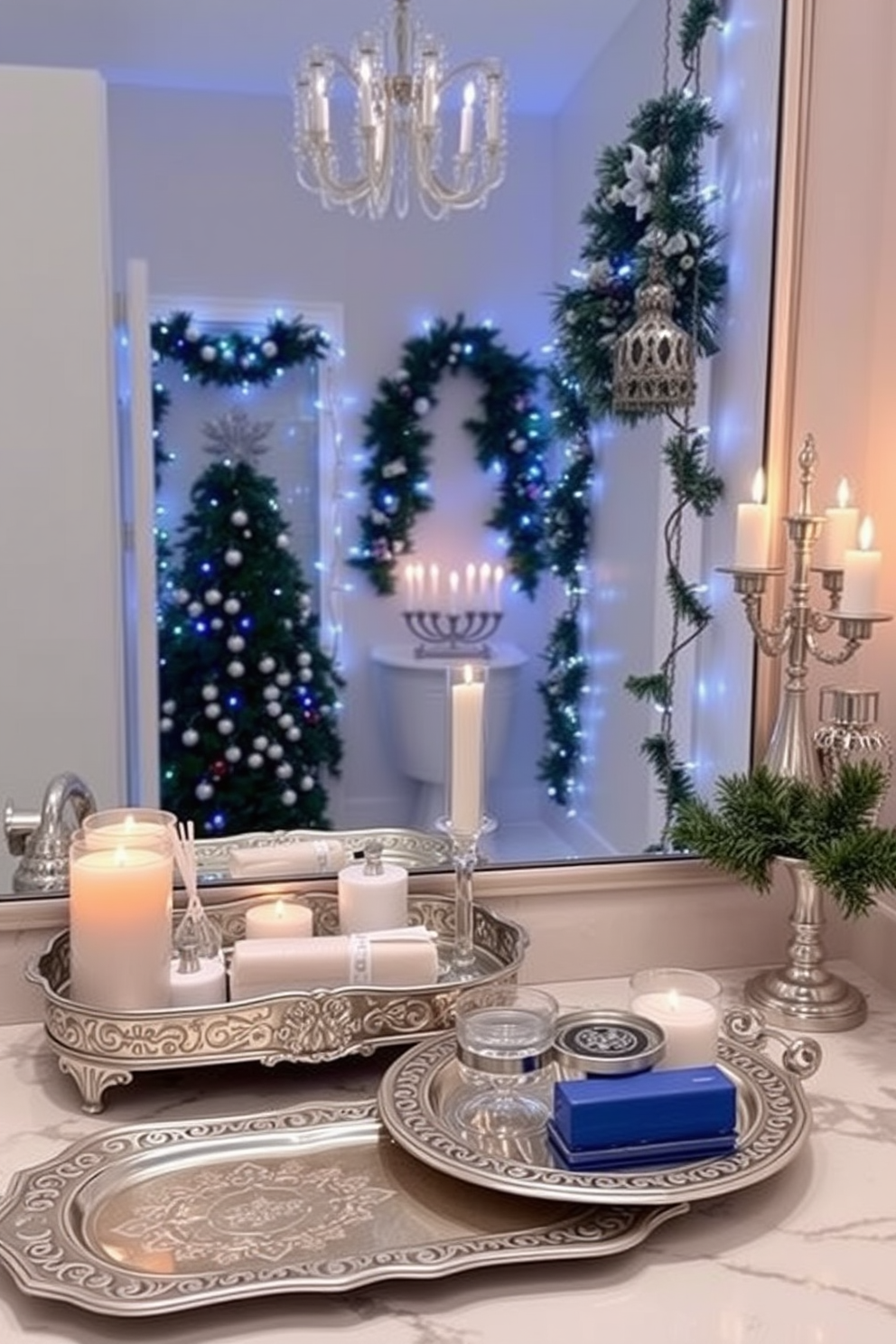 Elegant silver trays for toiletries. The trays are adorned with intricate designs, displaying an assortment of luxurious soaps and scented candles. Bathroom Hanukkah decorating ideas. The space is illuminated with soft blue and white lights, complemented by decorative menorahs and festive garlands.