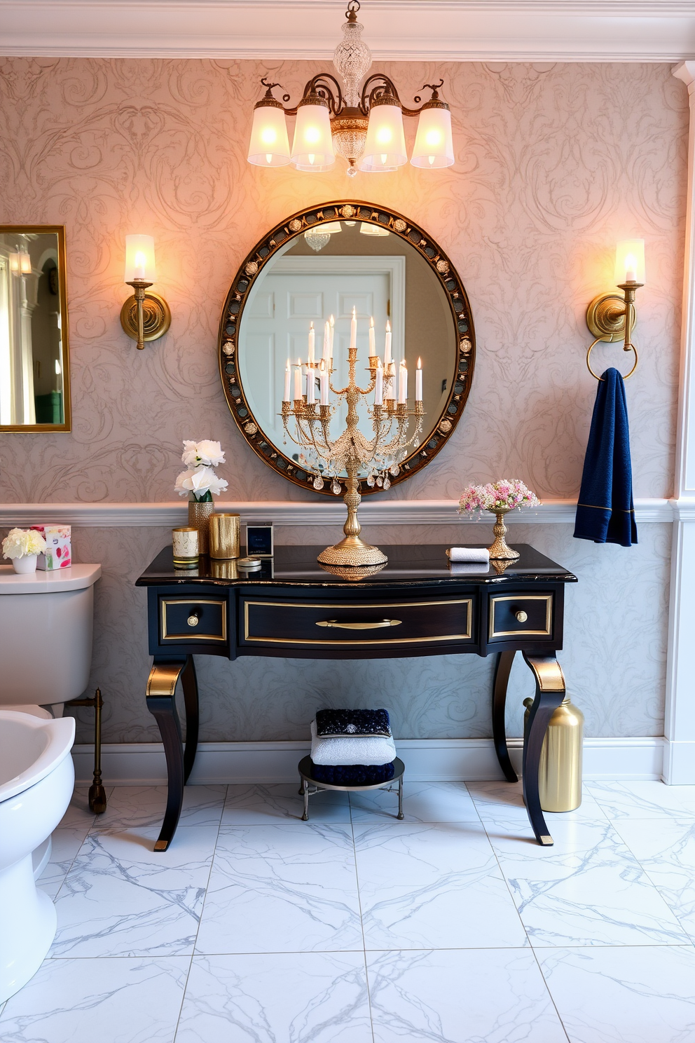 A beautifully designed bathroom featuring a vanity table adorned with a stunning Menorah centerpiece. The vanity is surrounded by elegant decor elements that reflect the warmth and spirit of Hanukkah, creating a festive atmosphere.