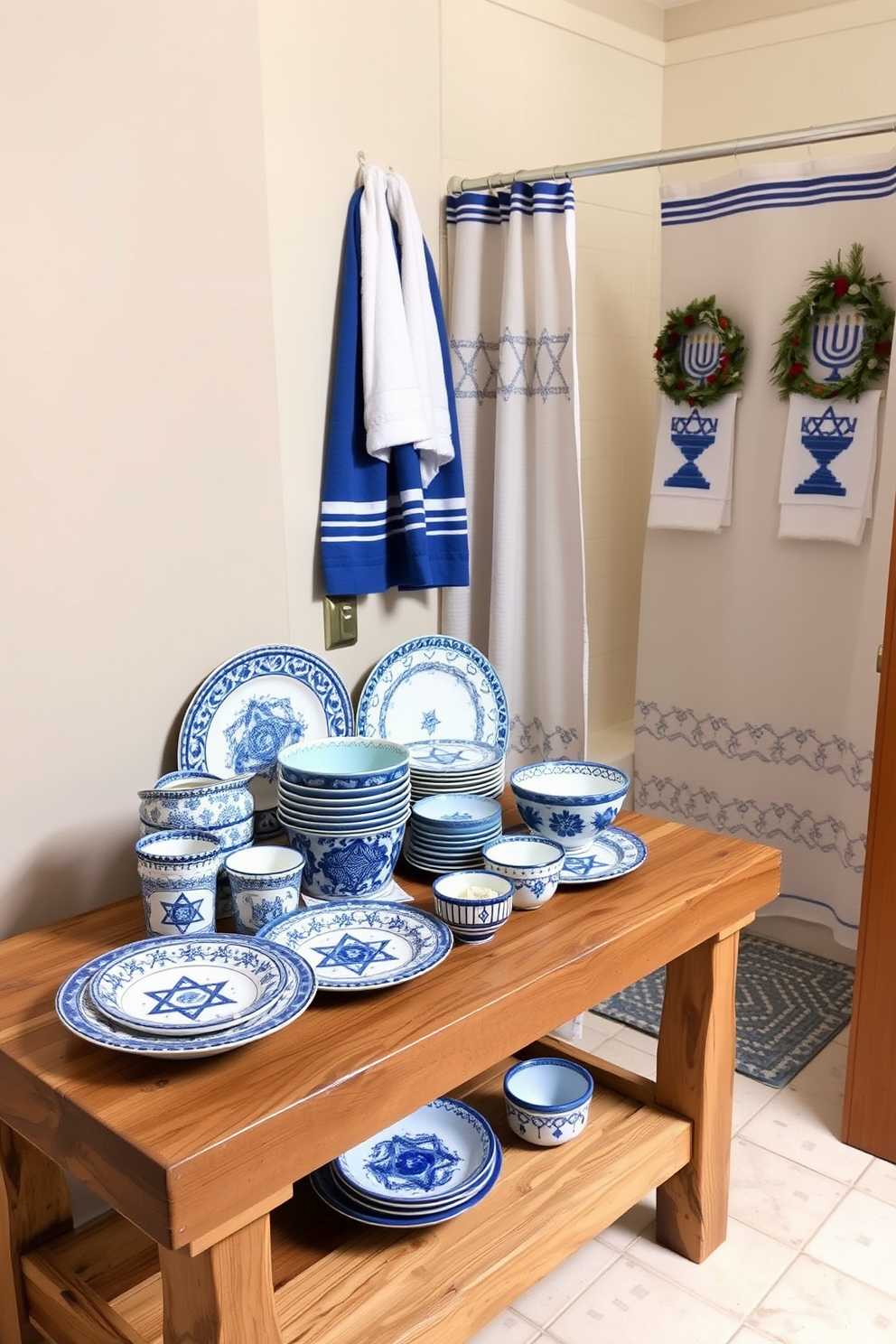 A festive shower rug with symbols celebrating Hanukkah is placed prominently in a bright and airy bathroom. The rug features traditional motifs such as menorahs and dreidels, adding a cheerful touch to the space. Surrounding the rug, the bathroom is adorned with blue and white accents, reflecting the colors of the holiday. Decorative elements like star of David ornaments and string lights enhance the festive atmosphere, creating a warm and inviting environment.