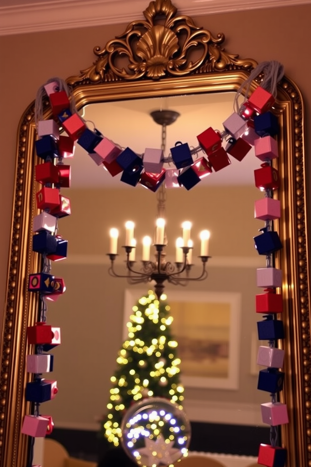 A creative dreidel garland drapes elegantly around a large, ornate mirror. The mirror reflects the warm glow of festive lights, enhancing the cheerful atmosphere of the Hanukkah celebration.