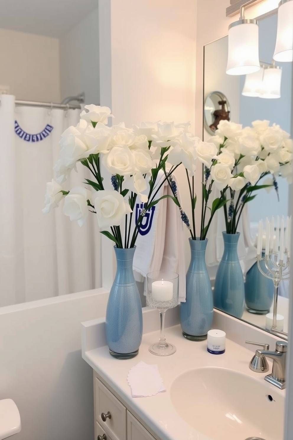 A serene bathroom setting adorned with decorative vases filled with white flowers. The vases are placed strategically on the countertop, adding a touch of elegance to the space. For Hanukkah, the bathroom features subtle decorations that incorporate traditional blue and silver colors. Soft lighting illuminates the area, creating a warm and inviting atmosphere for the holiday.