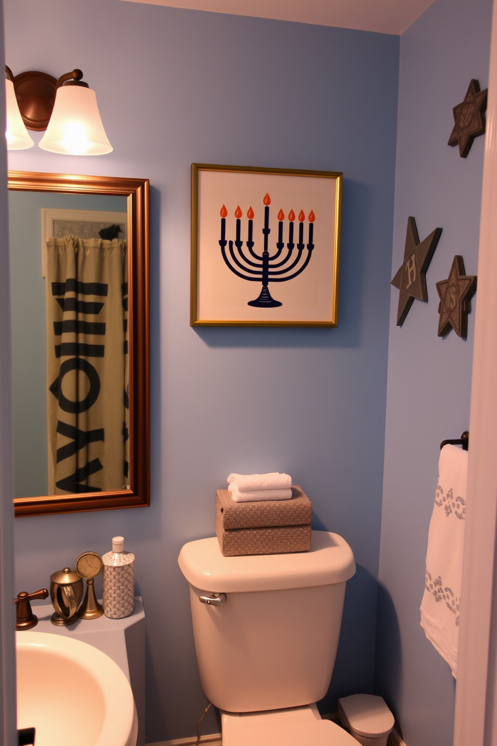 A creative storage solution for Hanukkah items featuring a stylish wooden cabinet with multiple compartments. The cabinet is adorned with decorative elements such as menorahs and dreidels, and is placed in a cozy corner of the living room. A beautifully decorated bathroom for Hanukkah showcasing blue and silver accents. The space includes festive towels, a decorative menorah on the countertop, and a shower curtain featuring a subtle Star of David pattern.