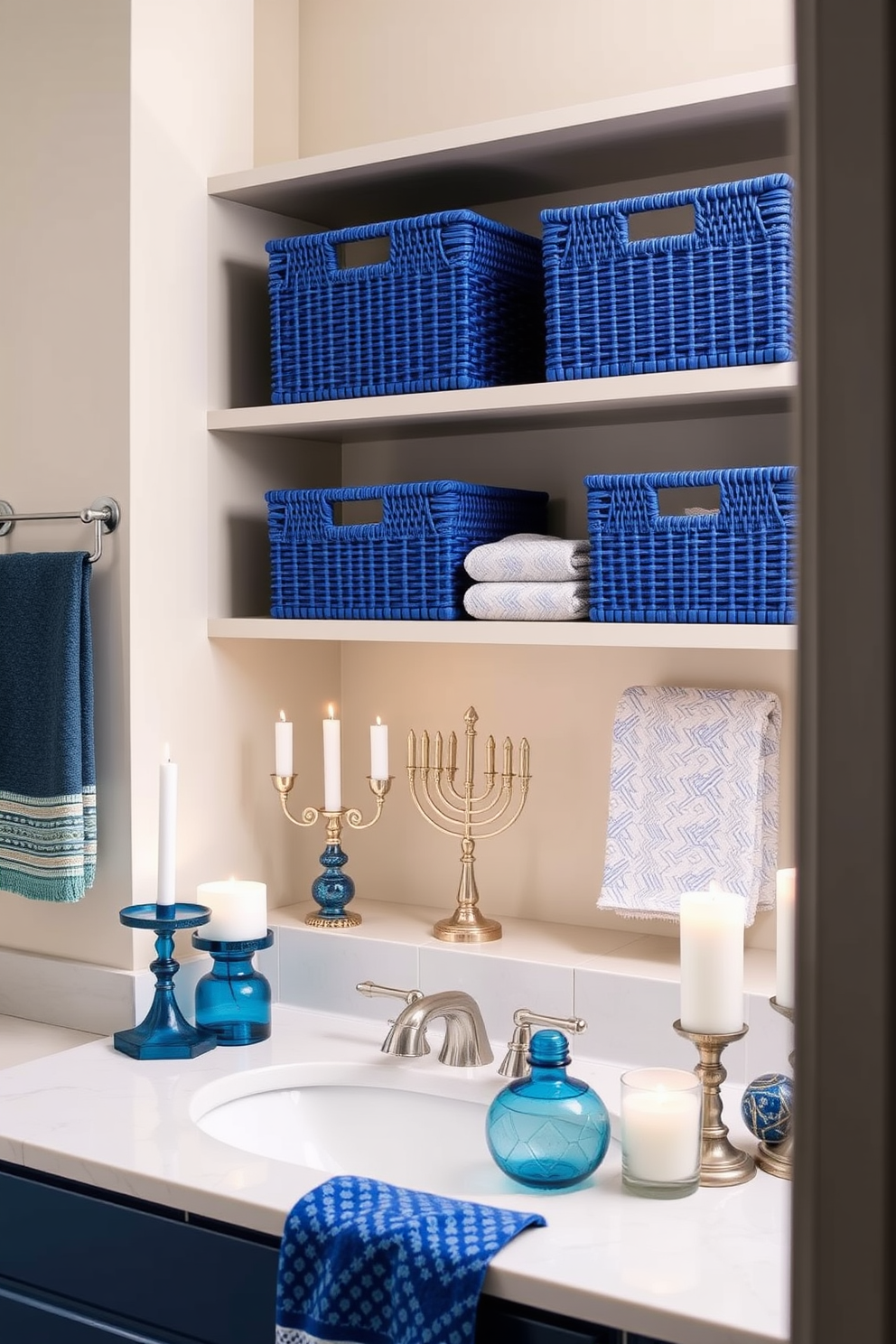 Stylish storage baskets in blue tones are arranged neatly on open shelves, adding a pop of color and functionality to the bathroom space. The baskets are woven with intricate patterns, complementing the overall decor while keeping essentials organized. For Hanukkah decorating ideas, elegant blue and silver accents adorn the bathroom, creating a festive atmosphere. Menorahs and dreidels are tastefully placed on the countertop, paired with soft white candles that enhance the holiday spirit.