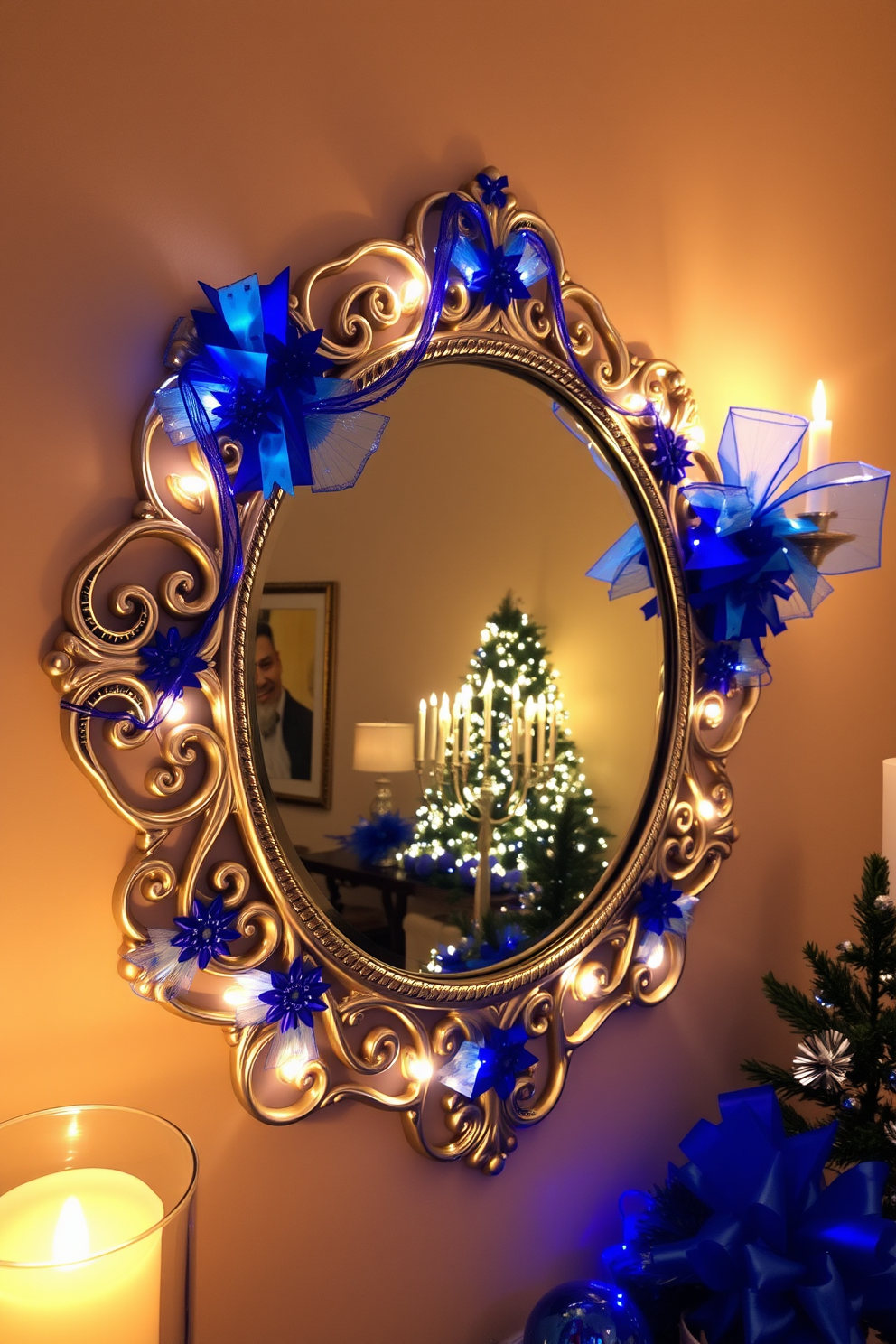 A festive wall mirror adorned with blue accents reflects the warm glow of holiday lights. The mirror is framed in intricate designs, complementing the cheerful decorations that celebrate Hanukkah.