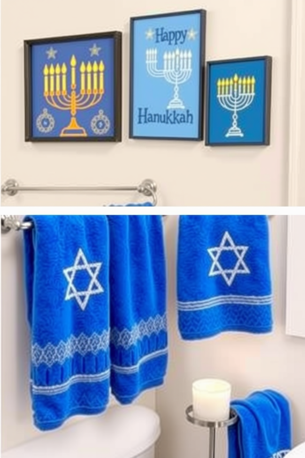 Custom Hanukkah prints for wall decor. The prints feature vibrant colors and traditional symbols such as menorahs and dreidels, adding a festive touch to any room. Bathroom Hanukkah decorating ideas. Incorporate blue and silver accents with themed towels and candles, creating a warm and inviting atmosphere for the holiday season.