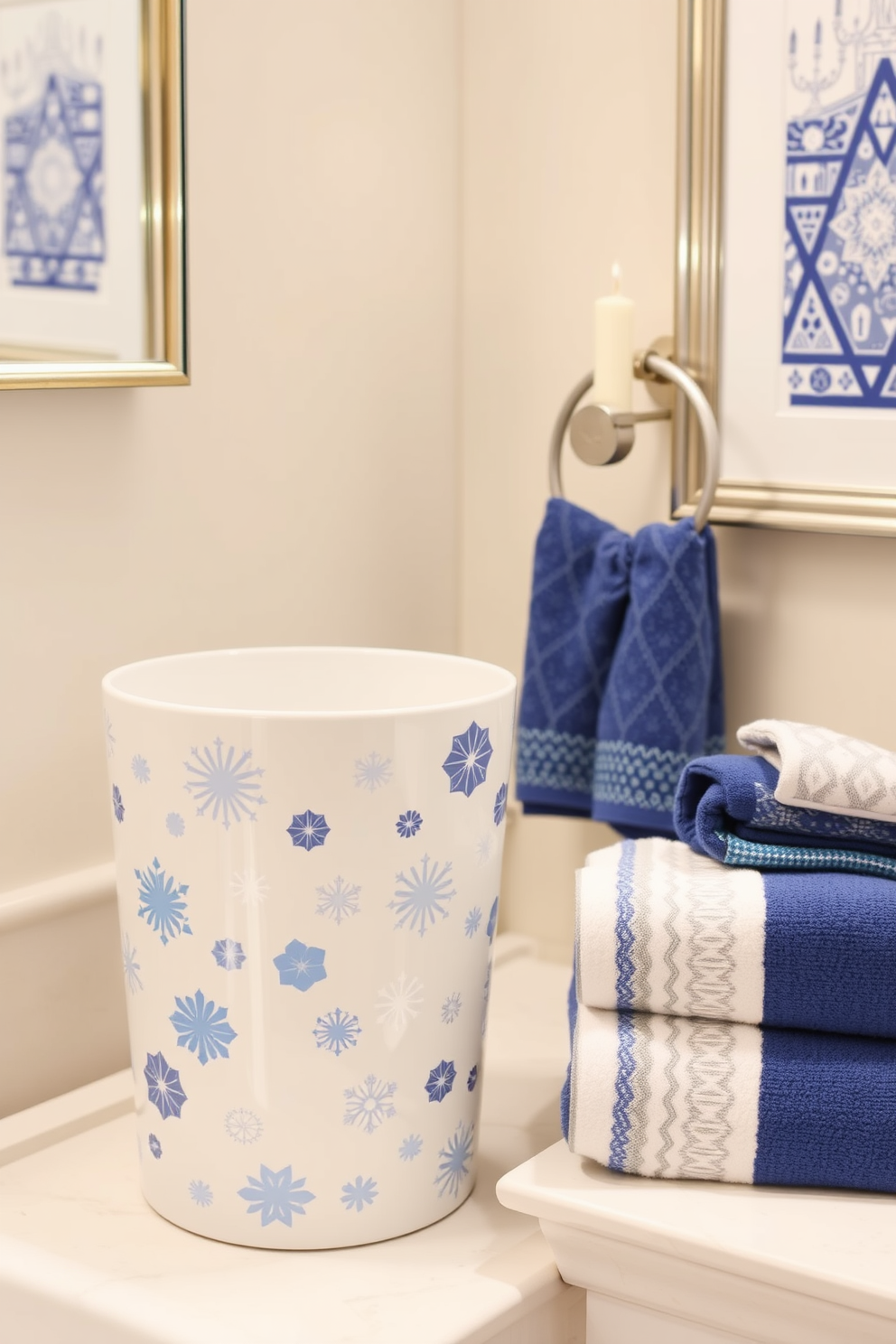 A serene bathroom space adorned with blue and gold color accents. The walls are painted in a soft blue hue, complemented by gold fixtures and accessories that add a touch of elegance. Festive decorations for Hanukkah are tastefully integrated into the design. A decorative menorah sits on the countertop, surrounded by blue and gold candles, while festive towels hang neatly on the racks.