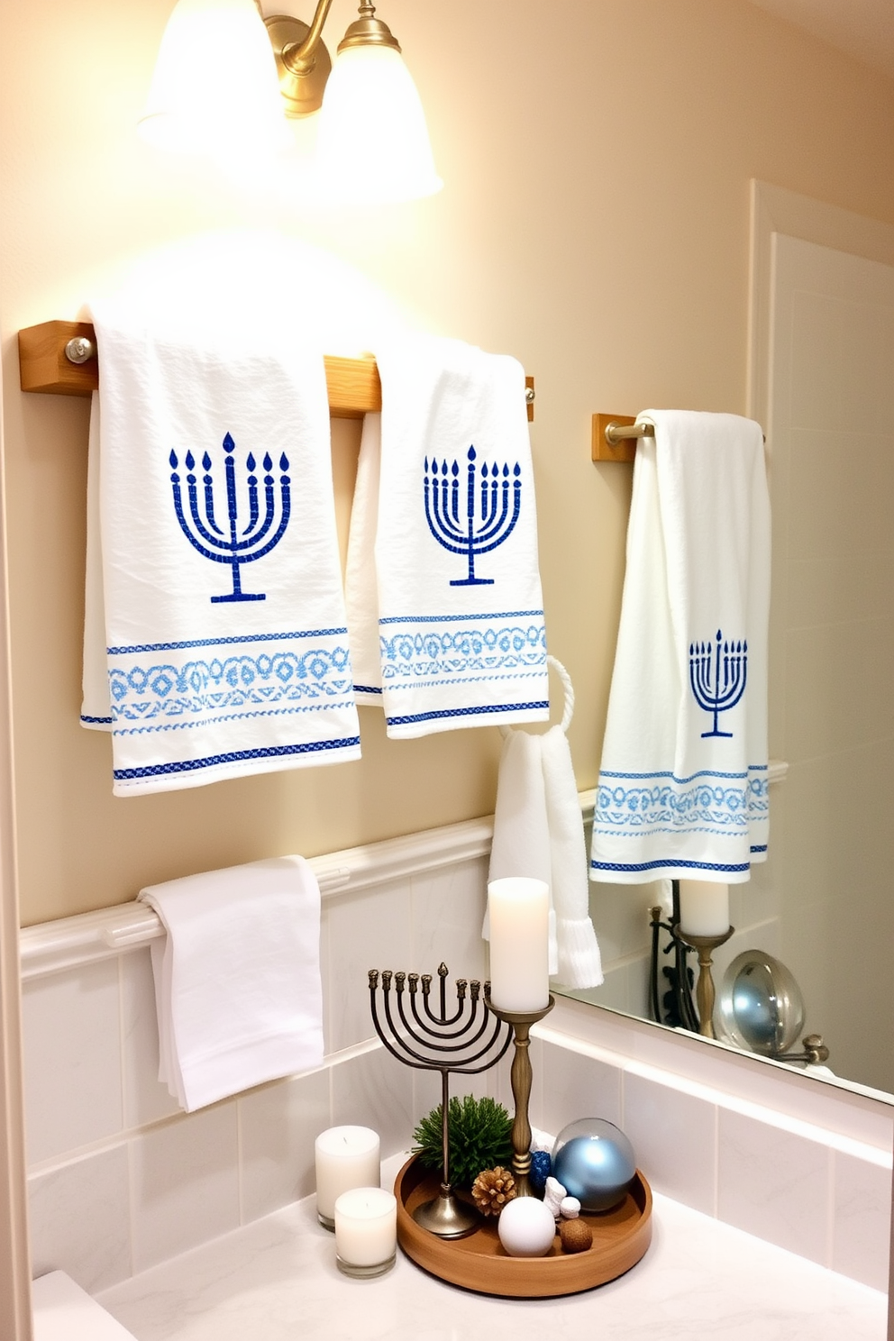 A cozy bathroom adorned with decorative towels featuring Hanukkah motifs. The towels are neatly arranged on a wooden rack, adding a festive touch to the serene space. Soft blue and white accents complement the towels, creating a harmonious color palette. A small decorative menorah sits on the countertop, surrounded by candles and seasonal decor.