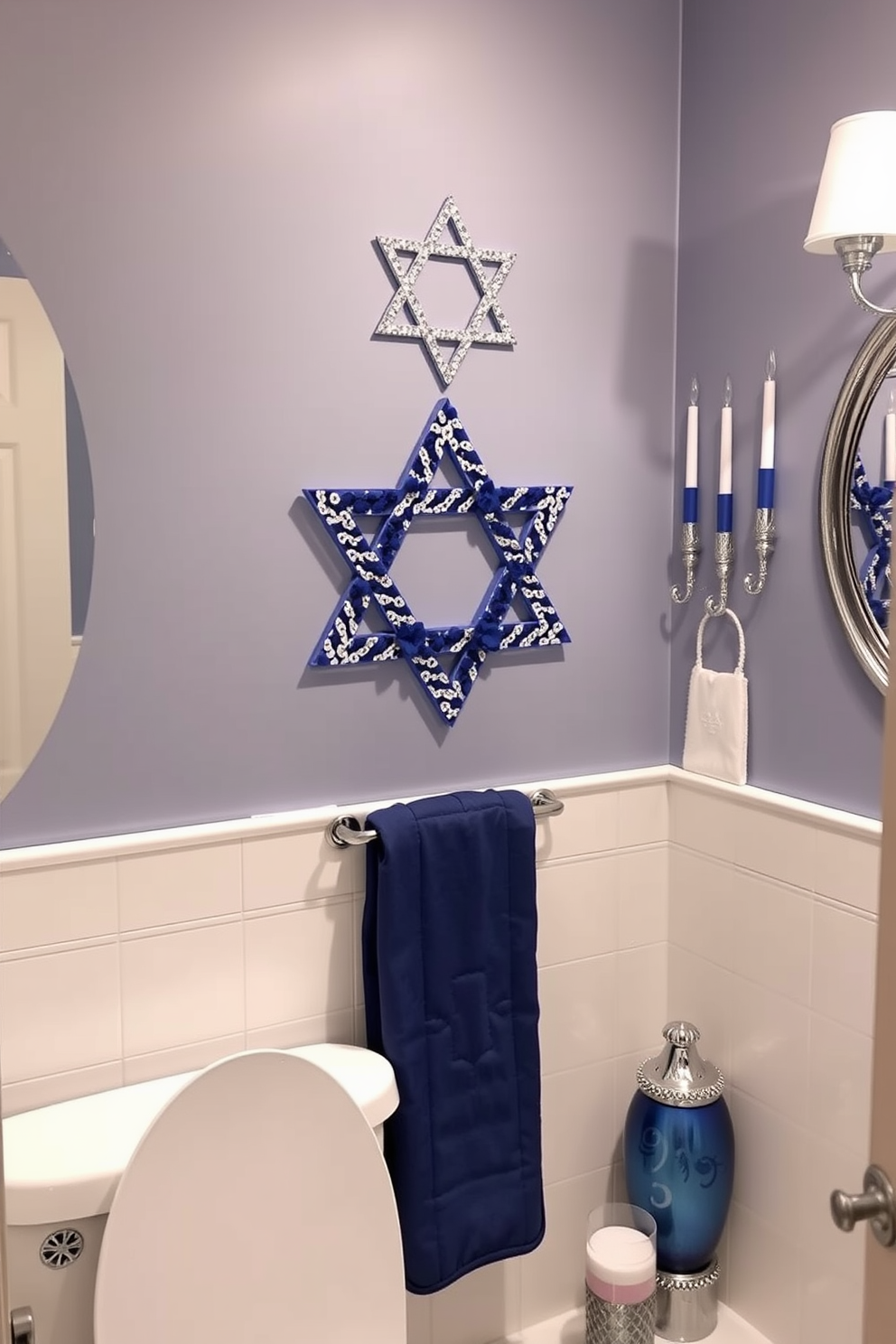 A serene bathroom setting featuring neatly arranged blue and white towel sets displayed on a wooden shelf. The walls are adorned with subtle Hanukkah decorations, including elegant blue and silver accents that enhance the festive atmosphere.