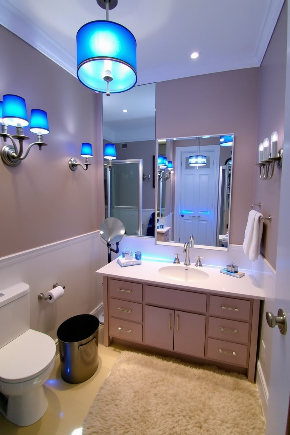 A serene bathroom setting inspired by Hanukkah. The decor features a beautifully crafted wooden sign with intricate designs, celebrating the festival of lights, placed above the vanity. Soft blue and silver accents adorn the space, reflecting the colors of Hanukkah. A collection of decorative candles and a menorah sit on the countertop, adding warmth and a festive touch to the atmosphere.