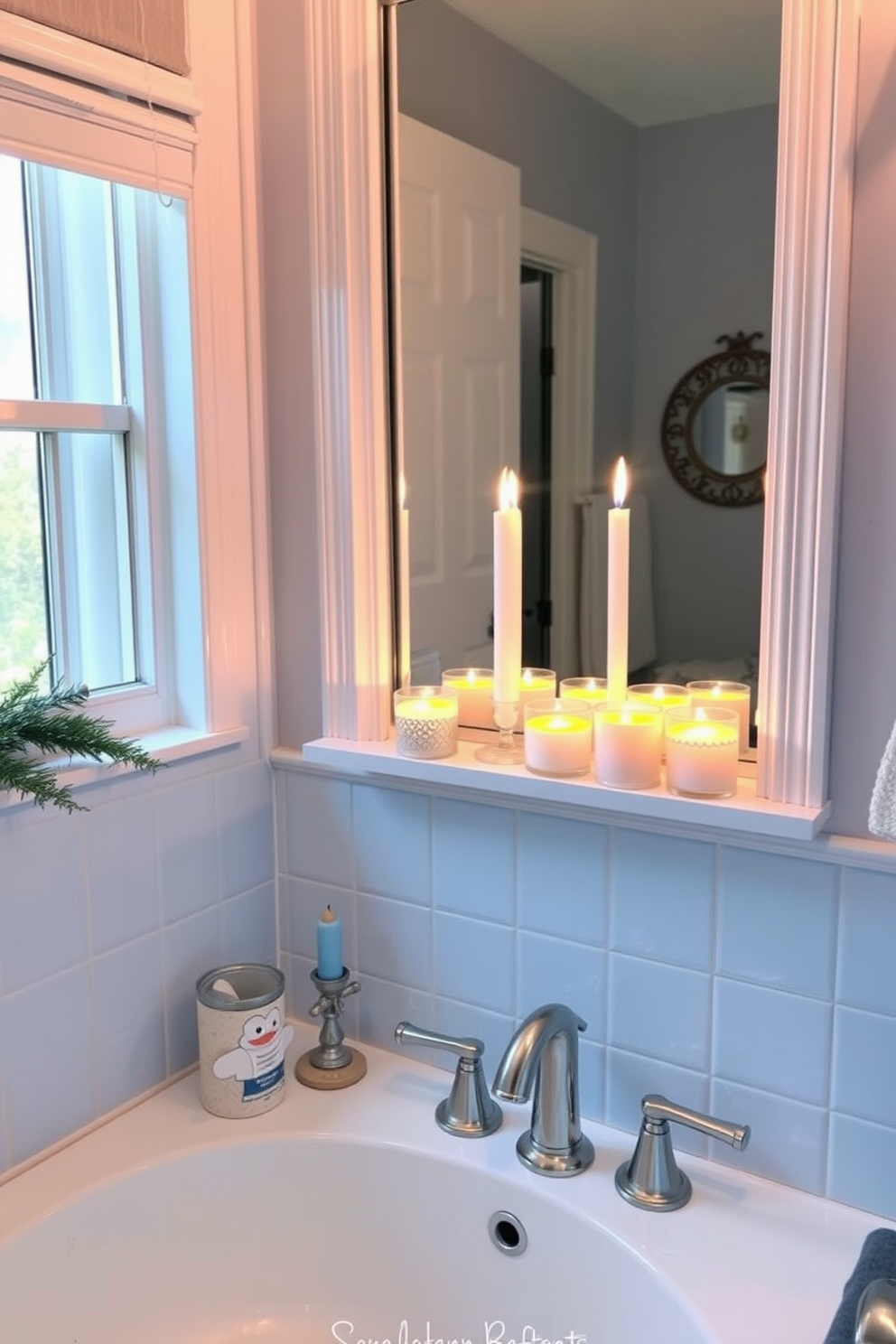 A serene bathroom setting featuring a prominent Star of David wall art piece that adds a touch of elegance and cultural significance. The decor is enhanced with festive Hanukkah elements, including blue and silver accents throughout the space. The walls are painted in a soft white hue, creating a bright and airy atmosphere. Subtle lighting highlights the artwork while complementing the overall festive theme of the bathroom.