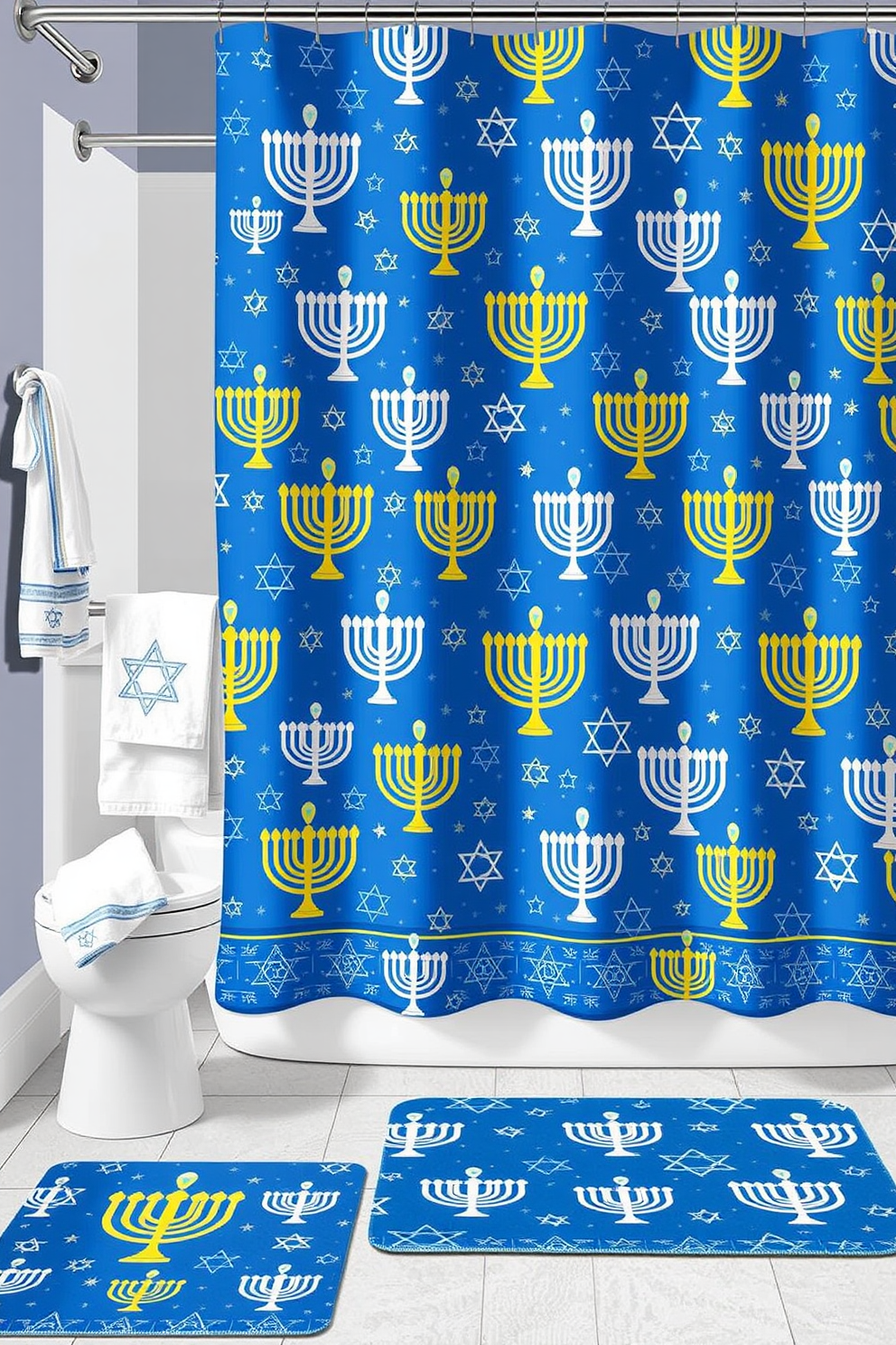 A Hanukkah themed shower curtain design featuring a vibrant blue background adorned with white and gold menorahs. The fabric includes intricate patterns of dreidels and Stars of David, creating a festive atmosphere perfect for the holiday season. Incorporate decorative elements such as matching towels and bath mats that complement the shower curtain. Add accents like a menorah soap dispenser and a festive rug to complete the Hanukkah bathroom decorating ideas.