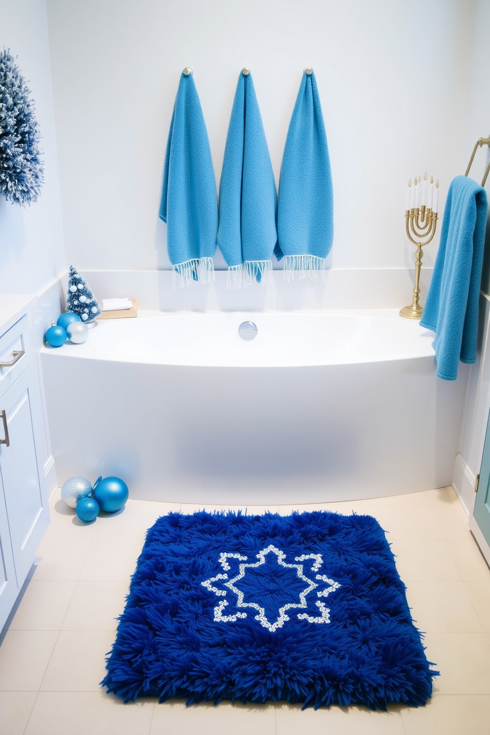 A cozy bathroom setting featuring a Hanukkah themed bath mat in shades of blue and silver. The bath mat is adorned with traditional symbols like menorahs and dreidels, adding a festive touch to the space. The walls are painted in a soft white, creating a bright and inviting atmosphere. Decorative accents include blue and silver towels hanging neatly on a rack and a small potted plant on the countertop to enhance the holiday spirit.