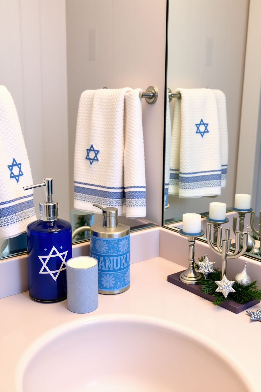 A holiday themed soap dispenser set is arranged on a festive bathroom countertop. The dispensers feature blue and silver designs, reflecting the colors of Hanukkah, and are accompanied by decorative candles and a small menorah. The bathroom is adorned with subtle Hanukkah decorations, including a blue and white towel set and star of David accents. Soft lighting enhances the cozy atmosphere, creating a welcoming space for holiday celebrations.