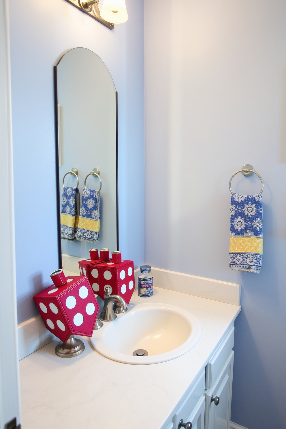 A serene bathroom setting adorned with scented candles featuring holiday fragrances. The candles are arranged on a stylish wooden shelf, creating a warm and inviting atmosphere for Hanukkah celebrations. The walls are decorated with subtle blue and silver accents, reflecting the colors of the holiday. A beautifully crafted menorah sits on the countertop, surrounded by festive decorations that enhance the seasonal charm.