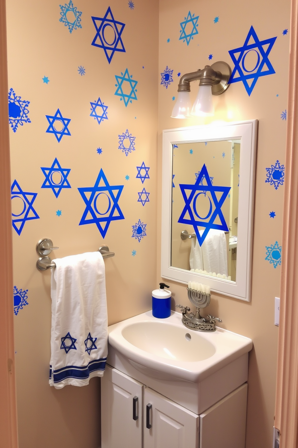 A cozy bathroom adorned with Hanukkah themed wall decals, featuring vibrant blue and silver designs that celebrate the festival of lights. The decals are strategically placed above the sink and around the mirror, creating a festive atmosphere that enhances the space. Soft white towels with Star of David patterns hang neatly on the towel rack, complementing the overall decor. A small decorative menorah sits on the countertop, adding a warm glow to the bathroom during the holiday season.