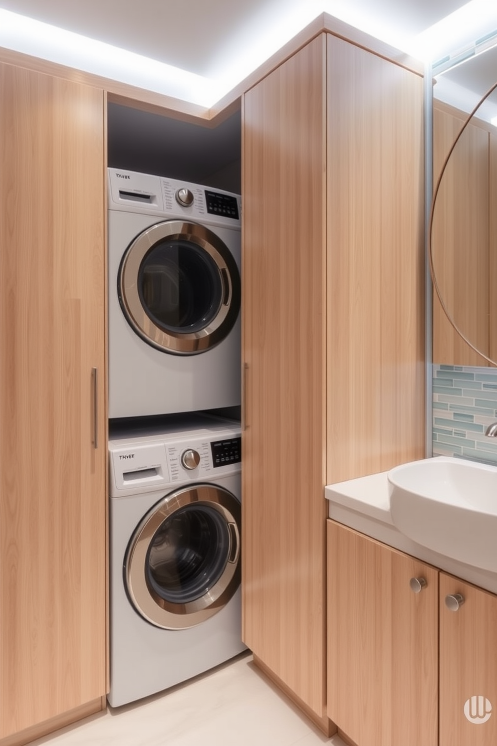 A compact stacked washer dryer setup is seamlessly integrated into a modern bathroom. The design features sleek cabinetry in a light wood finish, providing ample storage while maintaining a clean aesthetic. The washer dryer unit is positioned in a corner, with a countertop above for folding laundry. Soft, ambient lighting illuminates the space, highlighting the subtle tile backsplash in a calming blue hue.