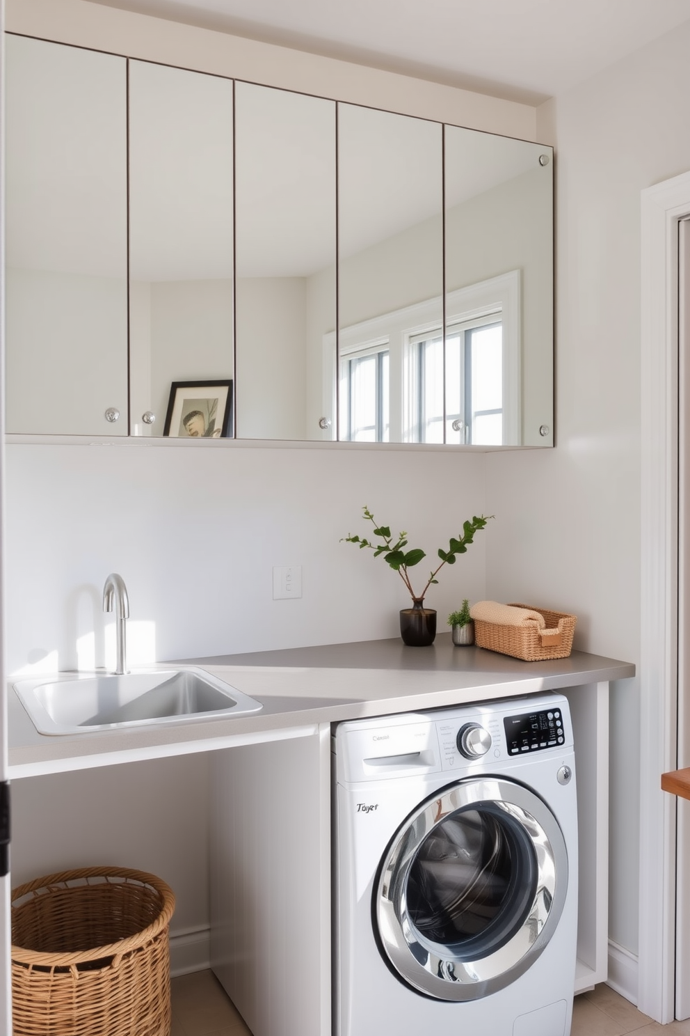 A stylish laundry room featuring mirrored cabinets that reflect natural light and create an illusion of spaciousness. The design incorporates a sleek countertop with a washer and dryer seamlessly integrated beneath it, enhancing functionality while maintaining a modern aesthetic. The walls are painted in a soft, neutral tone to complement the reflective surfaces. Decorative baskets and plants are strategically placed to add warmth and personality to the space.