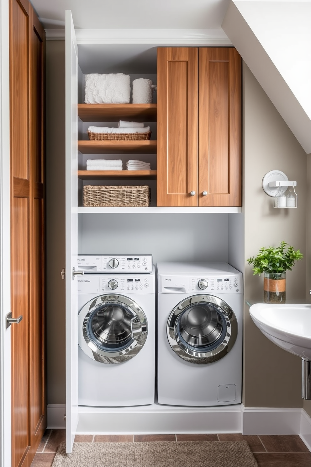 A stylish bathroom laundry combo features mirrored cabinets that create an illusion of more space and reflect natural light. The layout includes a compact washer and dryer seamlessly integrated beneath a sleek countertop, providing both functionality and elegance. The cabinets are finished in a soft white hue with subtle gold hardware, enhancing the overall aesthetic. A small potted plant sits on the countertop, adding a touch of greenery and warmth to the design.