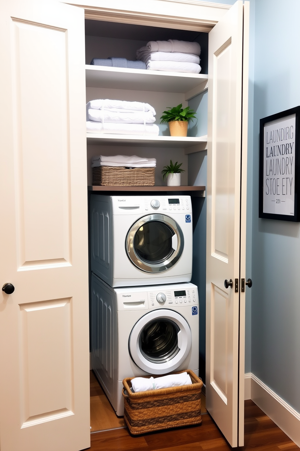 A functional laundry area under the sink designed for efficient storage of laundry supplies. The space features pull-out baskets and shelves that maximize organization while maintaining a clean aesthetic.