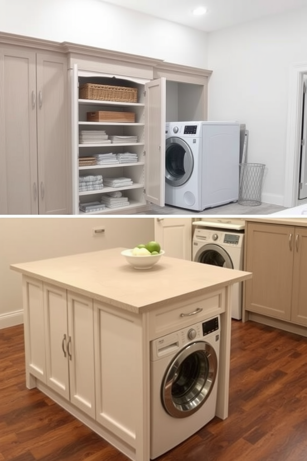 A modern laundry area behind sleek folding doors features a compact washer and dryer set, seamlessly integrated into cabinetry for a streamlined look. The space is accented with soft lighting and a neutral color palette, creating a calm and functional environment. The design includes a folding countertop for convenience, with open shelving above to store laundry essentials. A stylish basket sits below for organizing dirty clothes, while a small potted plant adds a touch of greenery to the space.