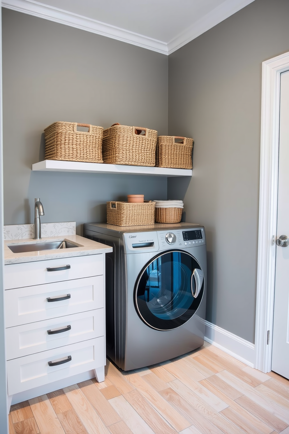 A modern bathroom featuring vertical storage solutions for towels. The walls are adorned with sleek shelving units that hold neatly rolled towels in a variety of colors. A stylish laundry combo design that maximizes space efficiency. The washer and dryer are integrated into a cabinetry unit, with a countertop above for folding clothes and additional storage below.