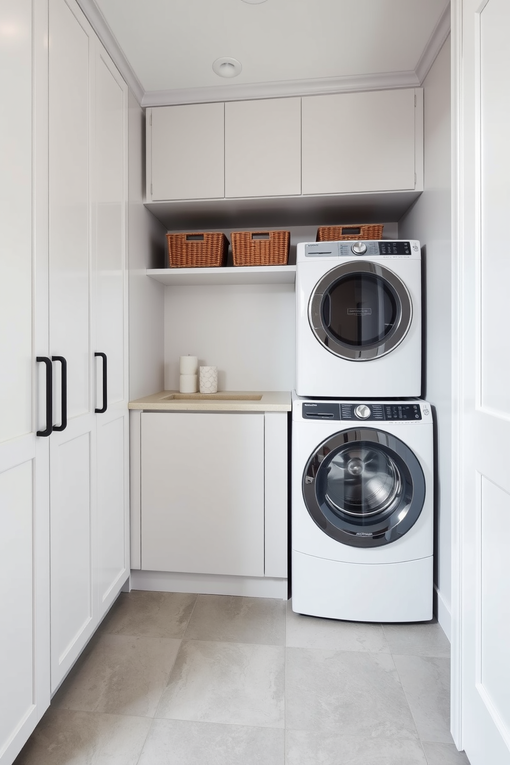 A modern laundry room that combines functionality with style. The space features large, easy-to-clean tiles in a light gray color, creating a sleek and practical flooring option. On one side, there is a stacked washer and dryer neatly tucked into cabinetry with a minimalist design. A countertop above the machines provides ample space for folding clothes, while decorative baskets for storage add a touch of warmth to the room.