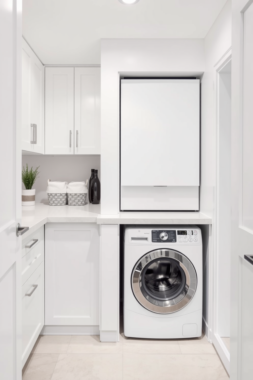 A modern laundry room featuring a sleek laundry chute seamlessly integrated into the cabinetry for easy access. The space includes a washer and dryer stacked with a stylish countertop above, surrounded by ample storage for laundry essentials. The walls are painted in a soft white hue, creating a bright and airy atmosphere. A decorative basket for sorting clothes sits next to the chute, while a small potted plant adds a touch of greenery to the design.