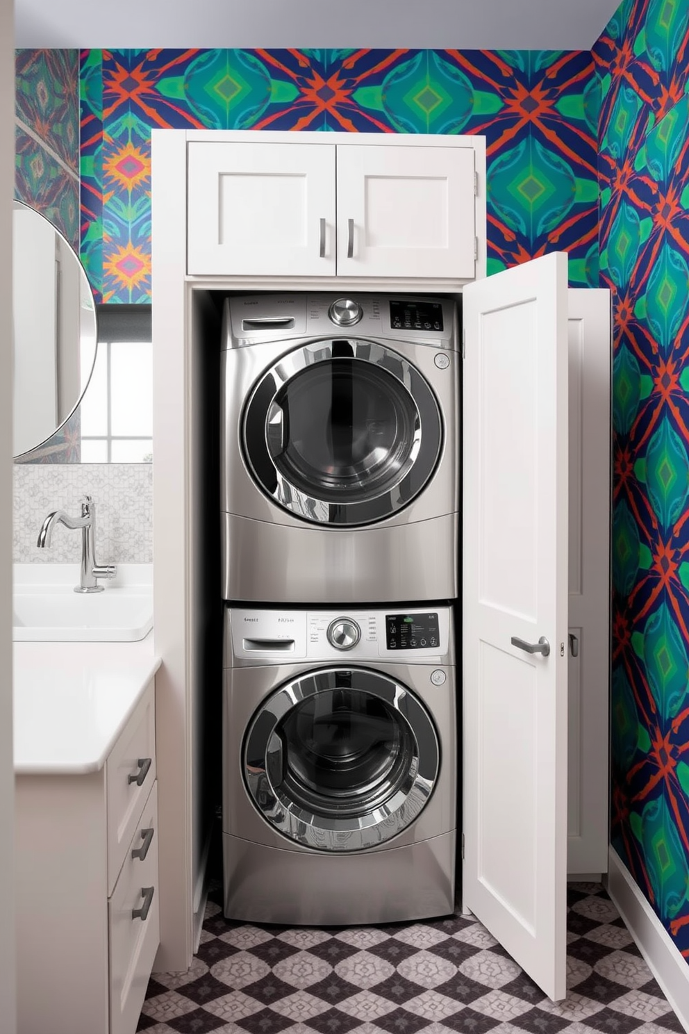 A charming bathroom laundry combo featuring vintage fixtures that add character and charm. The space includes a freestanding clawfoot tub paired with a classic pedestal sink, both accented by antique brass faucets. To the left, a compact washer and dryer are cleverly integrated into a wooden cabinet with distressed finishes. The walls are adorned with soft pastel tiles, while a rustic wooden shelf displays neatly folded towels and decorative jars.