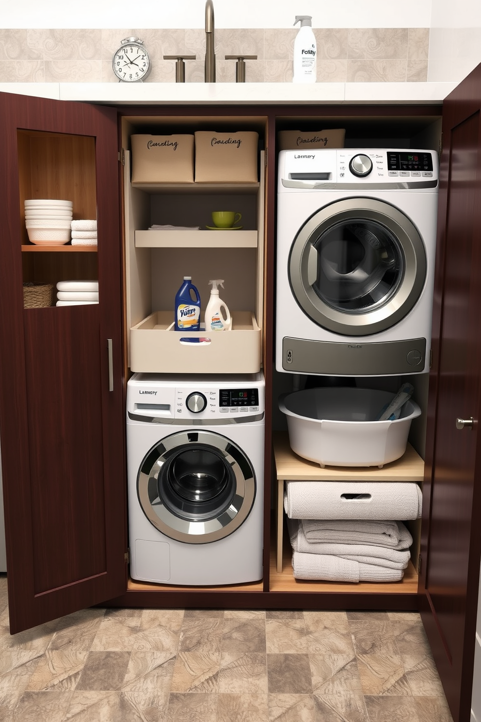 A functional under sink storage area designed for cleaning supplies. The cabinet features pull-out drawers and adjustable shelves to maximize space and accessibility. A stylish bathroom laundry combo that seamlessly integrates laundry facilities. The design includes a stacked washer and dryer, with a countertop for folding clothes and ample storage for detergents and supplies.