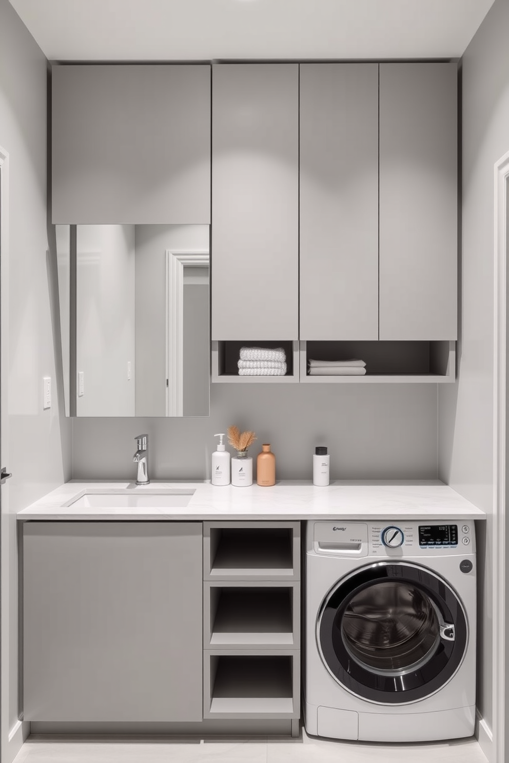 A modern bathroom laundry combo featuring a dual function vanity that includes built-in laundry space. The design incorporates sleek cabinetry with a minimalist aesthetic, complemented by a spacious countertop for both grooming and laundry tasks.