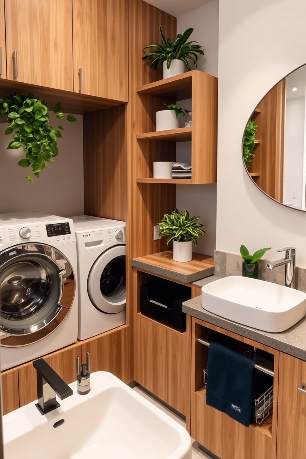 A cozy laundry nook is integrated into a corner of the bathroom. The space features a compact washer and dryer stacked vertically, surrounded by custom cabinetry in a soft white finish. Above the appliances, open shelving displays neatly folded towels and laundry supplies. A small countertop extends next to the washer for folding clothes, while a decorative basket adds a touch of warmth.