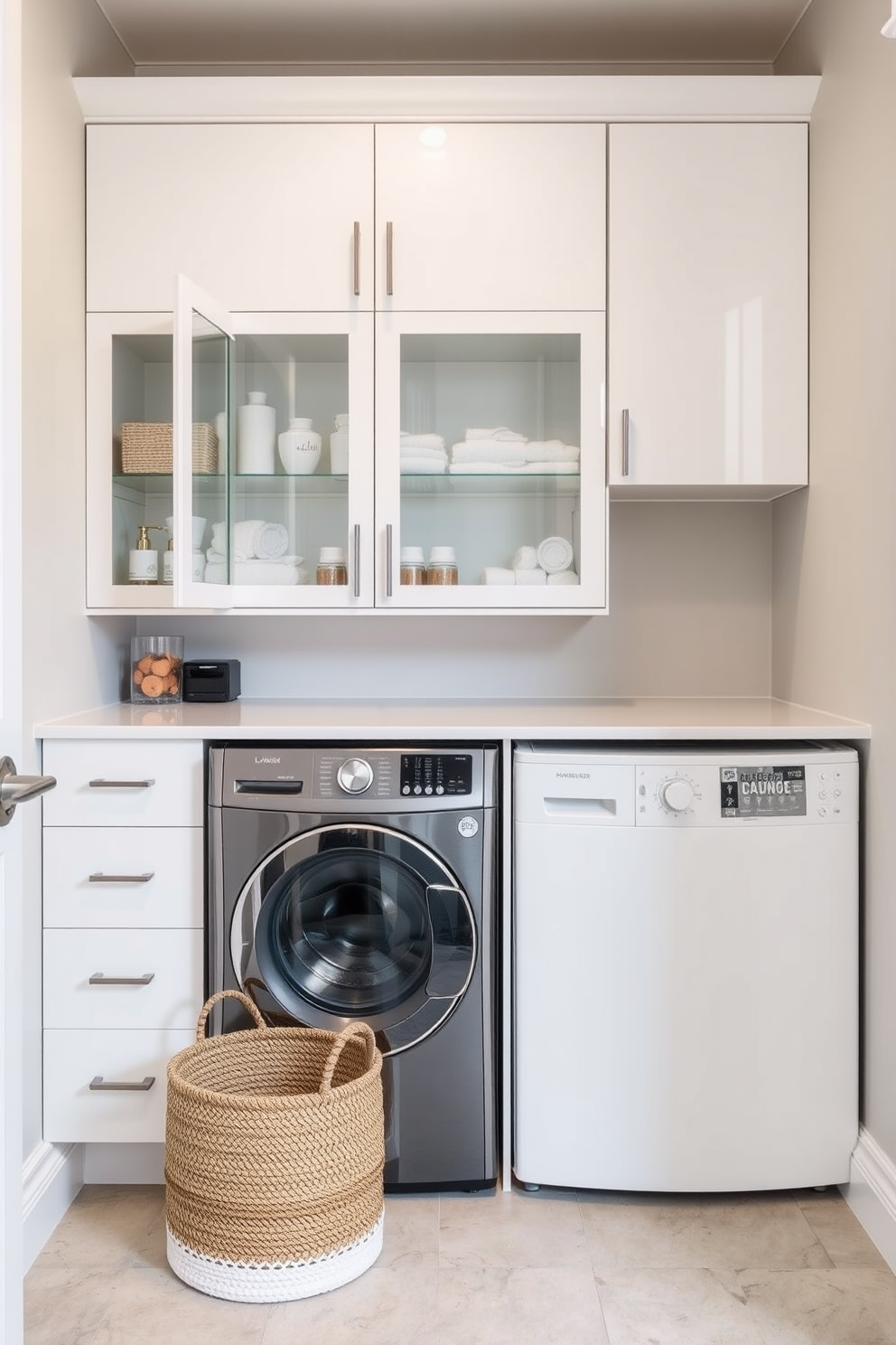 A modern bathroom laundry combo features sleek glass doors on the cabinets, allowing for a seamless view of neatly organized essentials. The space is enhanced with a stylish washer and dryer tucked beneath a countertop that offers additional workspace. The walls are painted in a soft neutral tone, creating a calming atmosphere. A decorative basket sits on the floor, providing a chic storage solution for laundry items while maintaining an uncluttered look.