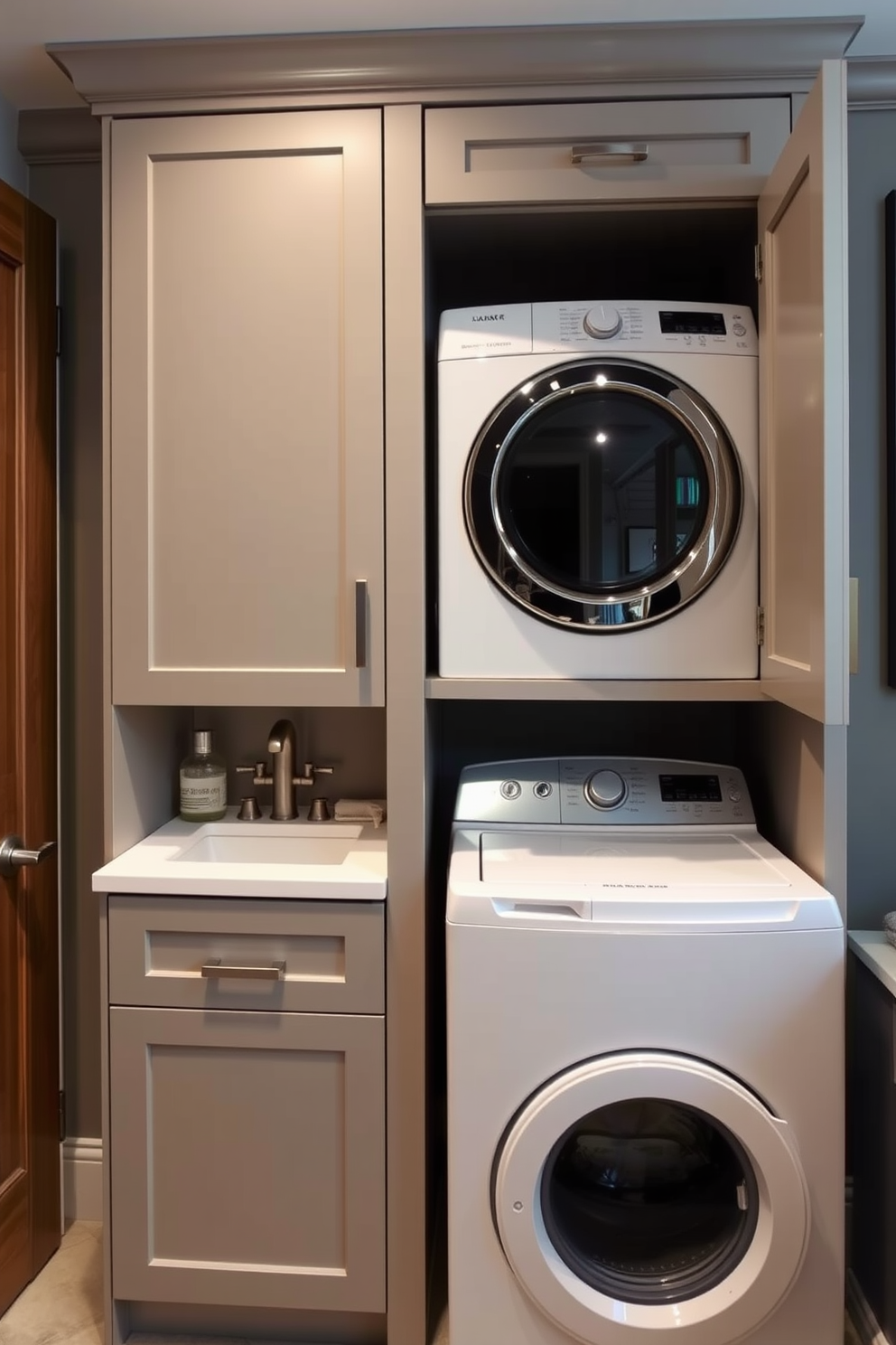 A sleek bathroom laundry combo features a compact washer and dryer seamlessly integrated into a custom cabinetry design. Recessed lighting illuminates the space, highlighting the modern fixtures and providing a clean, minimalist aesthetic. The laundry area is equipped with a fold-down countertop for convenience, while the bathroom section includes a stylish sink with a contemporary faucet. Neutral color tones create a calming atmosphere, complemented by decorative elements that enhance functionality without sacrificing style.