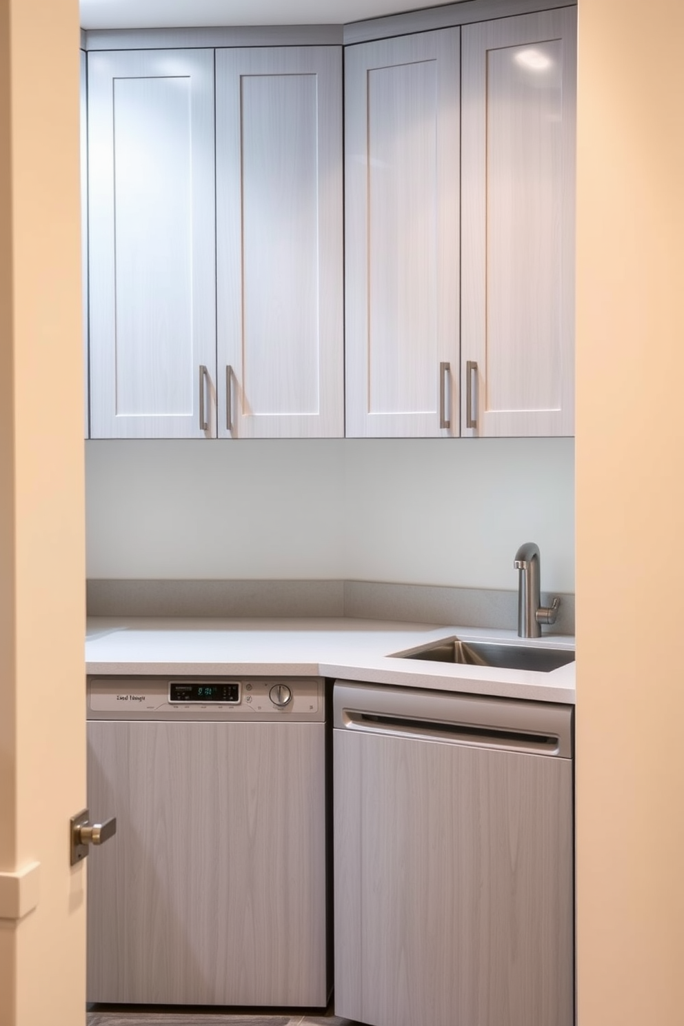 A sleek laundry area seamlessly integrated into the kitchen design. The cabinetry features a smooth finish with hidden appliances behind matching doors for a cohesive look. The countertop extends over the appliances, providing additional workspace. Soft lighting highlights the subtle textures of the cabinetry while maintaining a clean and organized aesthetic.