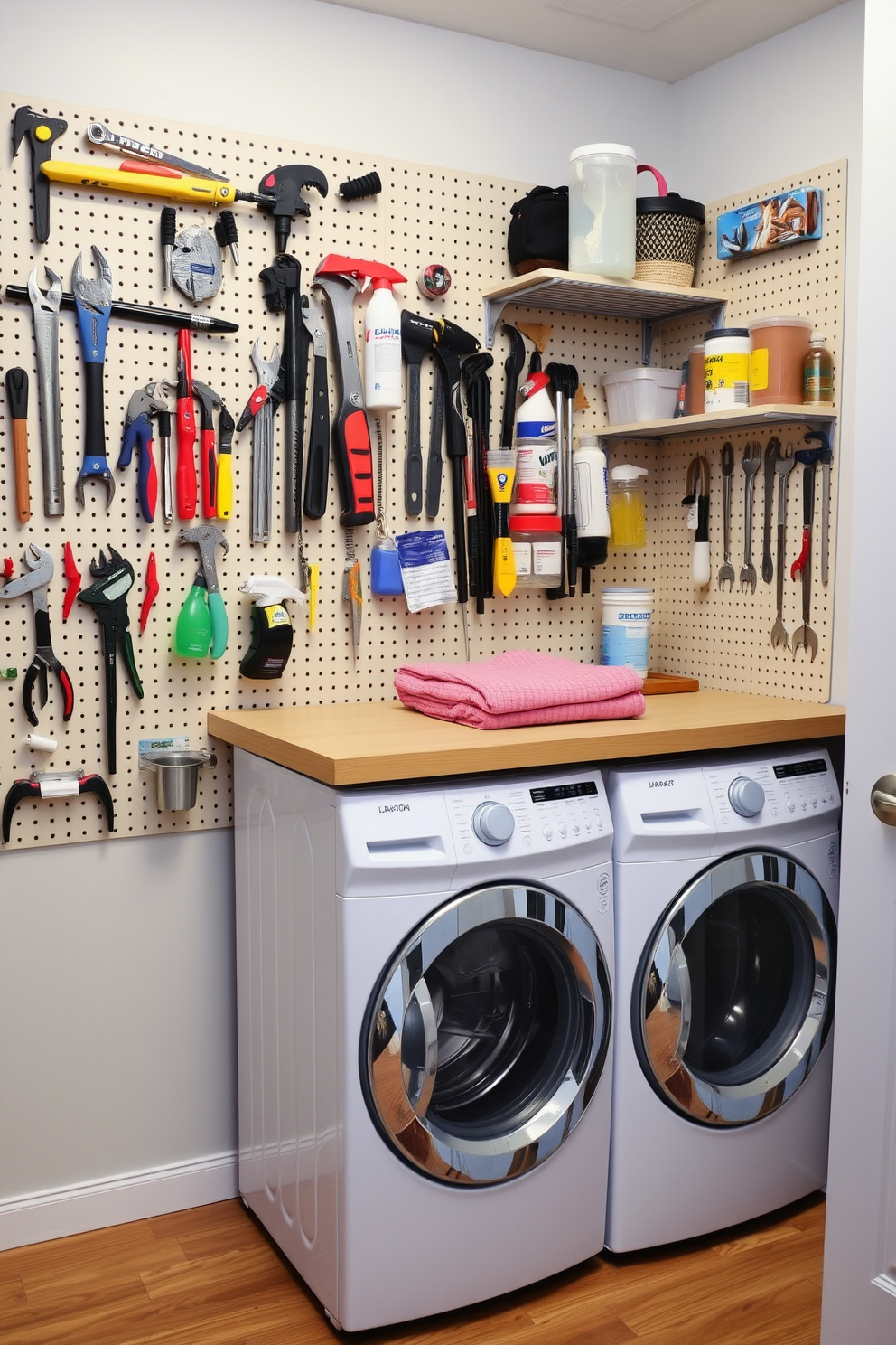 A functional laundry space featuring a pegboard wall for efficient tool organization. The pegboard is neatly arranged with various hooks and shelves to hold tools, cleaning supplies, and laundry essentials. The laundry area includes a compact washer and dryer stacked to save space. A countertop above the machines provides additional workspace for folding clothes and sorting laundry.