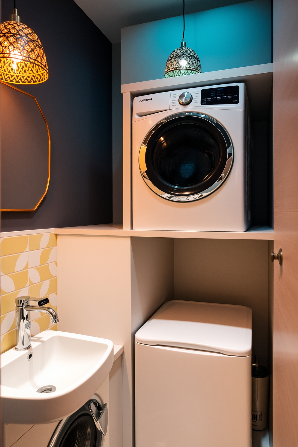 A stylish laundry area featuring decorative lighting fixtures that create a warm ambiance. The space includes a sleek washer and dryer stacked side by side, with a countertop above for folding clothes. Incorporated into the design is a modern bathroom element, showcasing a compact sink with a stylish faucet. The walls are adorned with cheerful tiles, and a small potted plant adds a touch of freshness to the space.