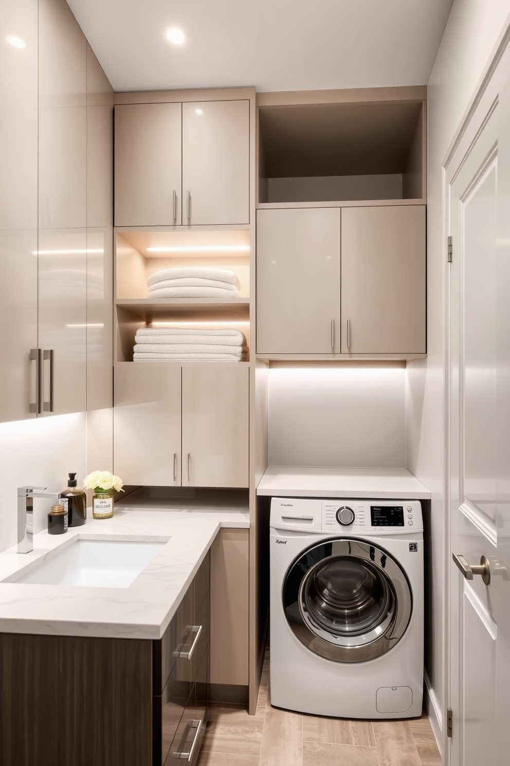 A modern closet space featuring stacked units for optimal organization. The design includes sleek cabinetry with integrated lighting and a minimalist aesthetic. A functional bathroom laundry combo that maximizes space efficiency. The layout incorporates a stacked washer and dryer beneath a countertop with ample storage for laundry essentials.