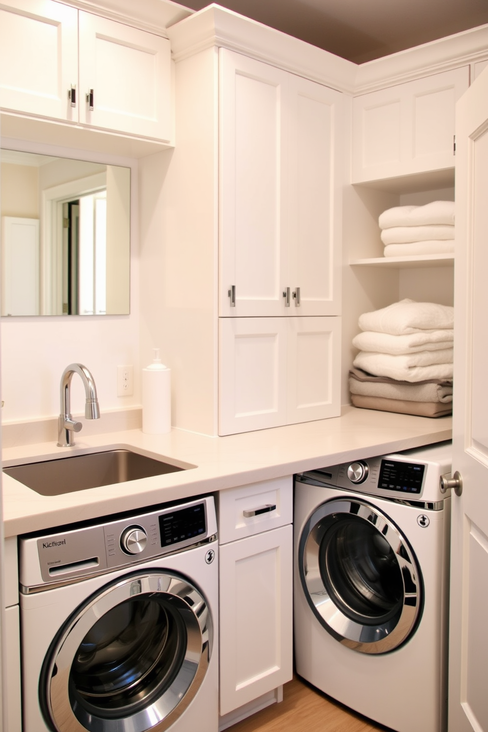 A bright and cheerful laundry room featuring custom artwork on the walls that reflects the homeowner's personality. The room includes a combination washer and dryer with a sleek countertop above for folding clothes, surrounded by colorful storage bins. A functional bathroom laundry combo designed for space efficiency. This layout incorporates a stacked washer and dryer unit next to a compact sink, with open shelving above for easy access to laundry supplies and bathroom essentials.