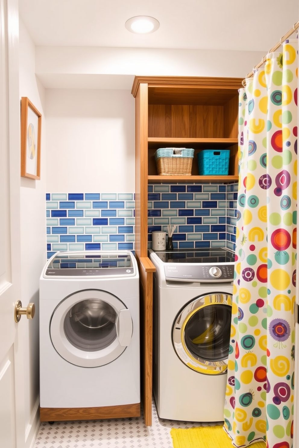 A bright and cheerful bathroom laundry combo featuring colorful accents that uplift the overall ambiance. The walls are painted in a soft white, while vibrant tiles in shades of blue and yellow create a stunning backsplash behind the laundry area. A compact washer and dryer are seamlessly integrated into a stylish wooden cabinet with open shelving above for storage. Decorative baskets in bold colors are placed on the shelves, and a playful shower curtain with a fun pattern adds a whimsical touch to the space.