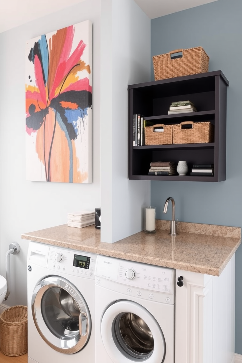 A functional artwork piece serves as both a stunning focal point and practical storage. It features a vibrant abstract design that complements the room's color palette while incorporating shelves for books and decorative items. The bathroom laundry combo is designed with efficiency in mind. It includes a sleek washer and dryer unit tucked beneath a stylish countertop, with decorative baskets for organizing laundry essentials seamlessly integrated into the decor.