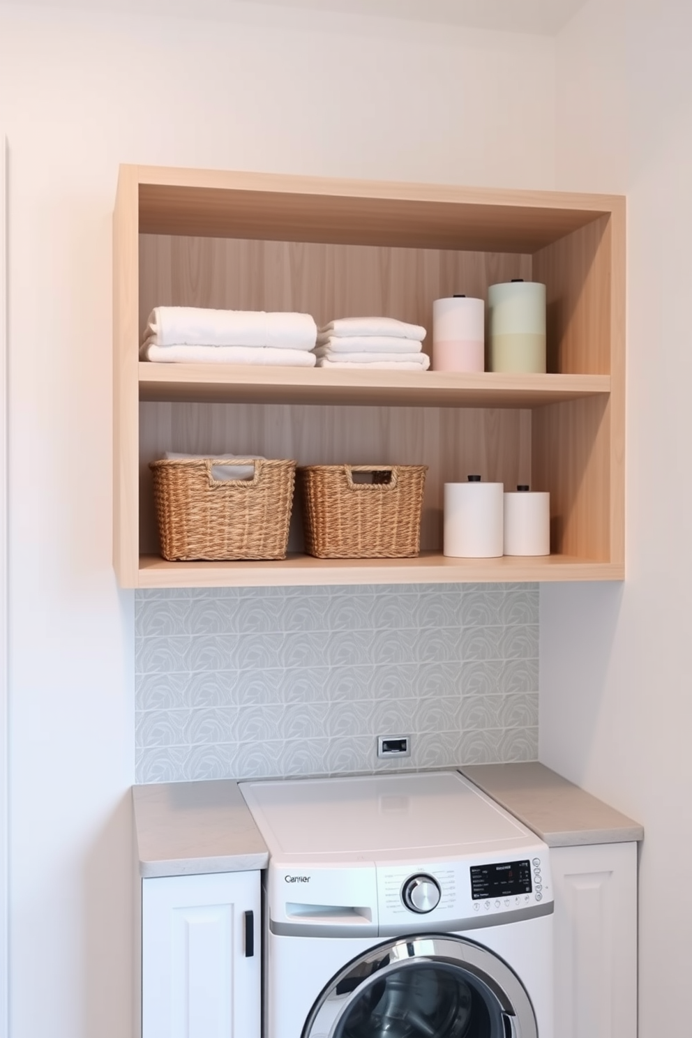 Open shelving unit made of light wood positioned above a countertop for easy access to laundry essentials. The shelving displays neatly folded towels, baskets for sorting clothes, and decorative storage containers in soft pastel colors. A compact washer and dryer combo is integrated into the cabinetry beneath the countertop, maximizing space efficiency. The surrounding walls are painted a soft white, complemented by a textured backsplash in a subtle geometric pattern.