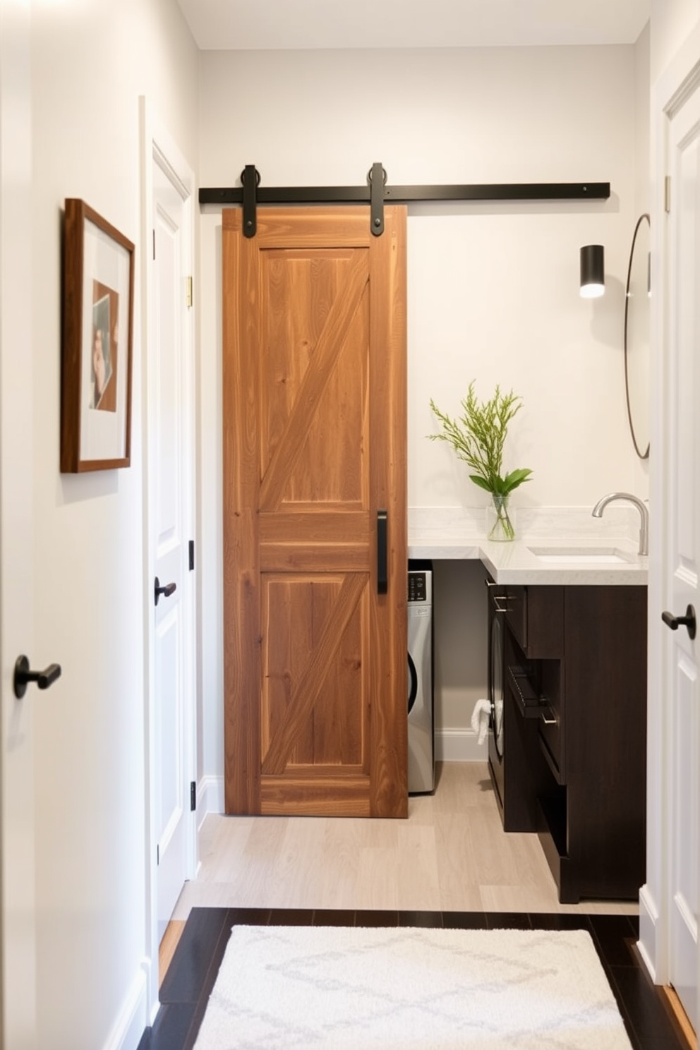 A stylish entryway features a sliding barn door that maximizes space while adding rustic charm. The door is crafted from reclaimed wood, blending seamlessly with the surrounding decor. The bathroom laundry combo is designed for efficiency and elegance. It includes a compact washer and dryer neatly tucked into cabinetry, with a sleek countertop for folding laundry.