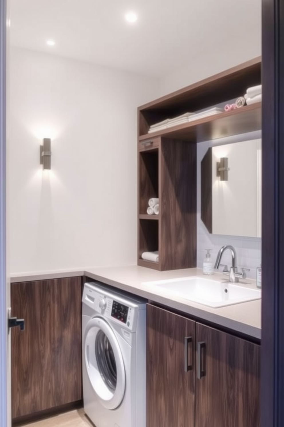 A stylish bathroom laundry combo features a stacked washer and dryer unit tucked neatly into a corner. The space is enhanced with a sleek countertop above the appliances, providing room for folding laundry and decorative storage baskets. The walls are painted in a light, airy hue to create a sense of openness. To maximize functionality, a compact sink with modern fixtures is integrated into the design, accompanied by open shelving for easy access to laundry essentials.