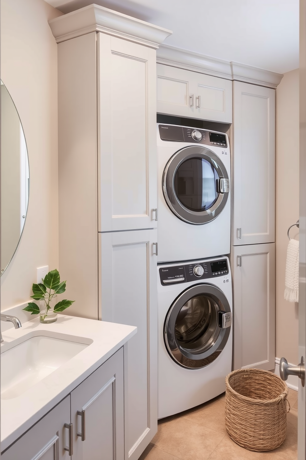 A serene bathroom laundry combo featuring a neutral color palette that promotes a calming effect. The walls are painted in soft beige, complemented by light gray cabinetry and a white countertop. Incorporated into the design is a stacked washer and dryer, seamlessly integrated into the cabinetry for a sleek look. Decorative elements include a potted plant and a woven basket for laundry, adding warmth to the space.