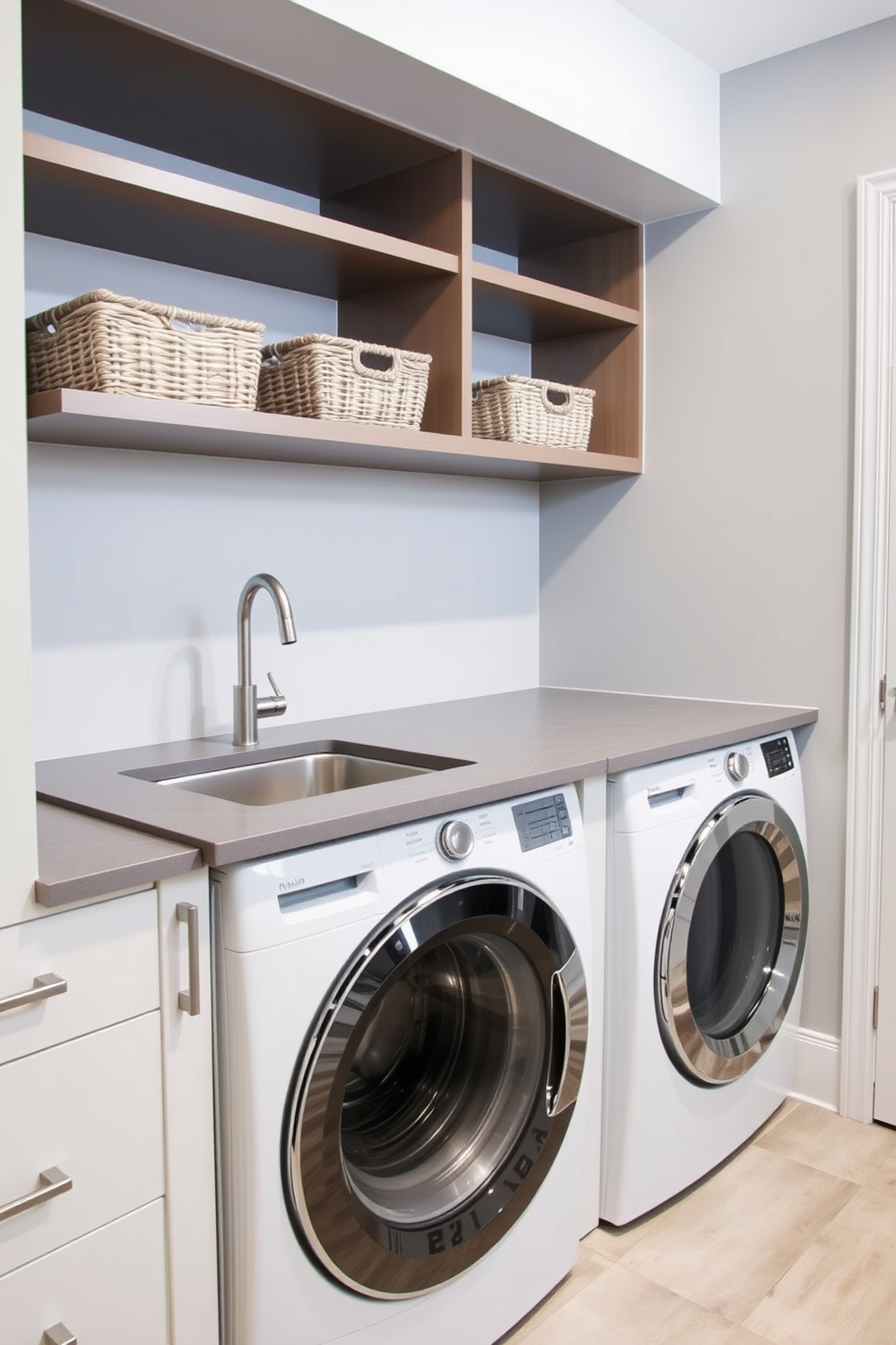 A serene bathroom laundry combo with a neutral color palette to create a calm atmosphere. The walls are painted in soft beige, and the cabinetry features a light oak finish for a cohesive look. A stacked washer and dryer are cleverly integrated into the cabinetry, maximizing space while maintaining an elegant appearance. Decorative baskets are placed on open shelves to store laundry essentials, adding both functionality and style.