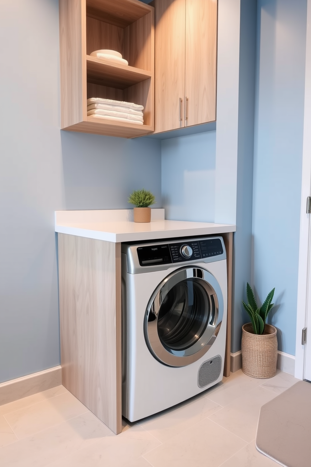 A compact washer dryer is seamlessly integrated under a sleek countertop in a modern laundry room. The space features minimalist cabinetry in a soft gray hue, complemented by a stylish backsplash of white subway tiles. The flooring is a light wood laminate that adds warmth to the room, while open shelving above provides functional storage for laundry essentials. A decorative basket and potted plant add a touch of personality and charm to the space.