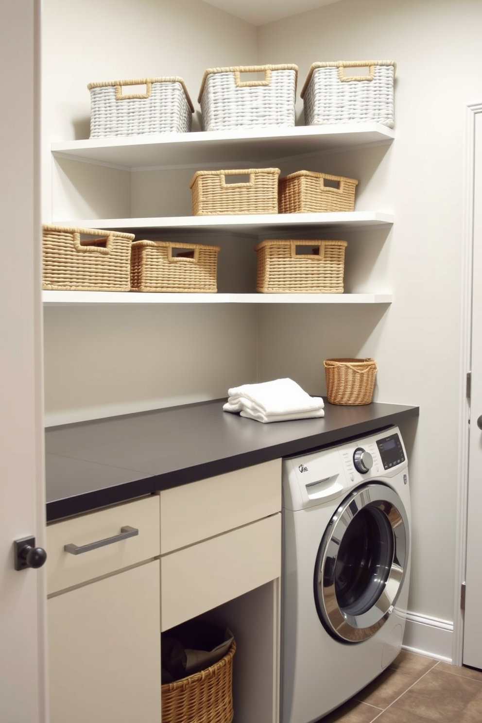 A stylish laundry room that cleverly incorporates baskets for organized storage solutions. The space features a sleek countertop for folding clothes, with a washer and dryer neatly stacked beside it. Baskets are arranged on open shelving above the countertop, providing both functionality and aesthetic appeal. The walls are painted in a soft, calming color, and the floor is adorned with durable, easy-to-clean tiles.