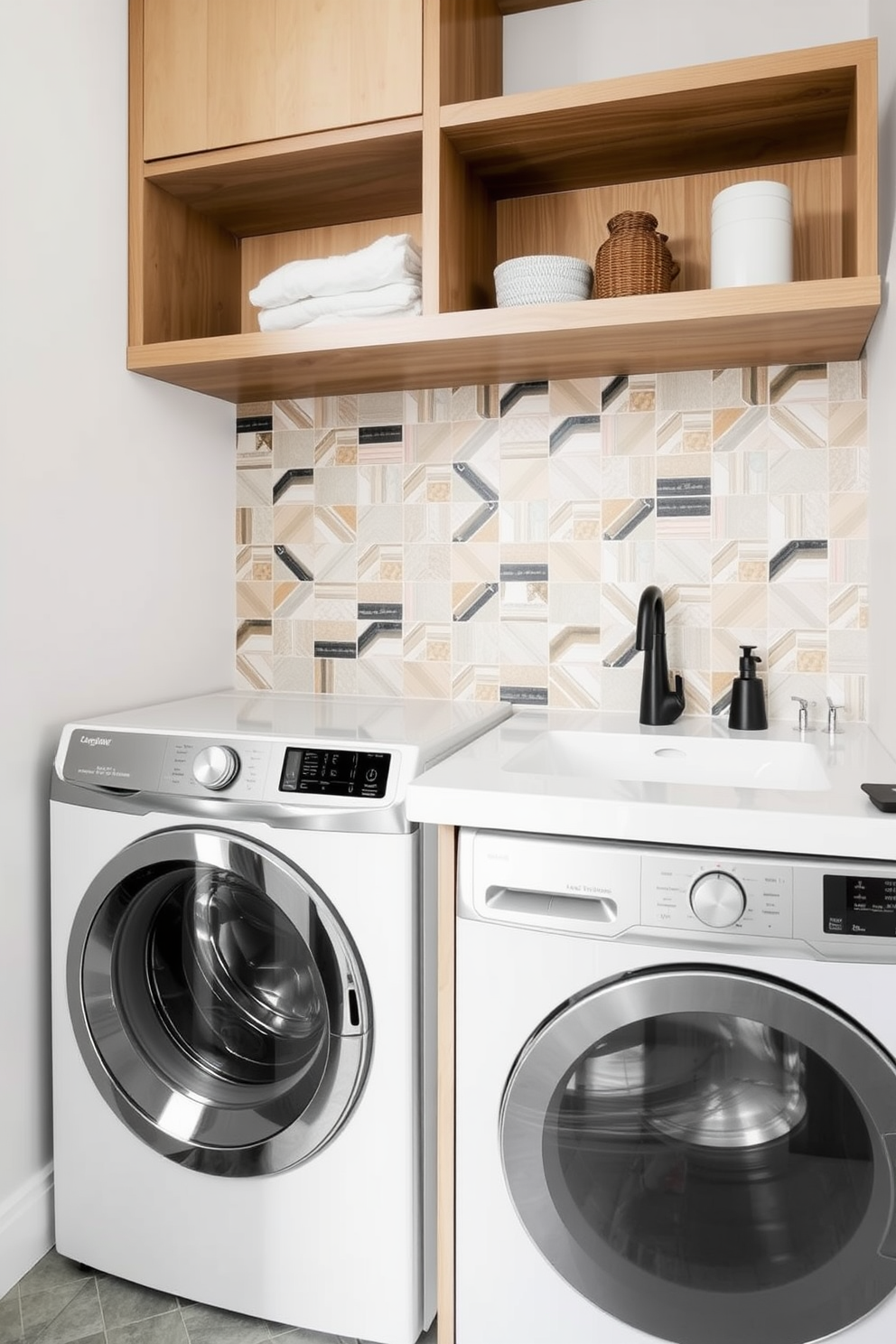 A functional laundry room with a tiled backsplash for easy cleaning. The cabinetry is sleek and modern, featuring a combination of open shelves and closed storage for organization. The room includes a stacked washer and dryer, seamlessly integrated into the cabinetry. A spacious countertop sits above the appliances, providing ample space for folding laundry and sorting items.