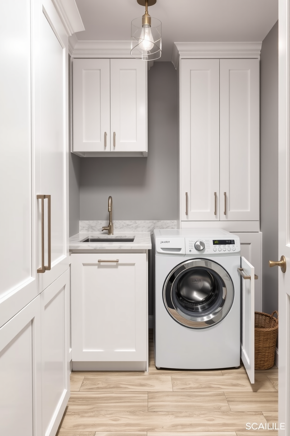 A stylish laundry room that seamlessly integrates into the home. The cabinetry features sleek white doors that conceal the washer and dryer while providing ample storage space. The room is accented with a soft gray color palette and topped with a marble countertop that adds elegance. A small basket for laundry sits beside the machines, and a chic light fixture illuminates the space.